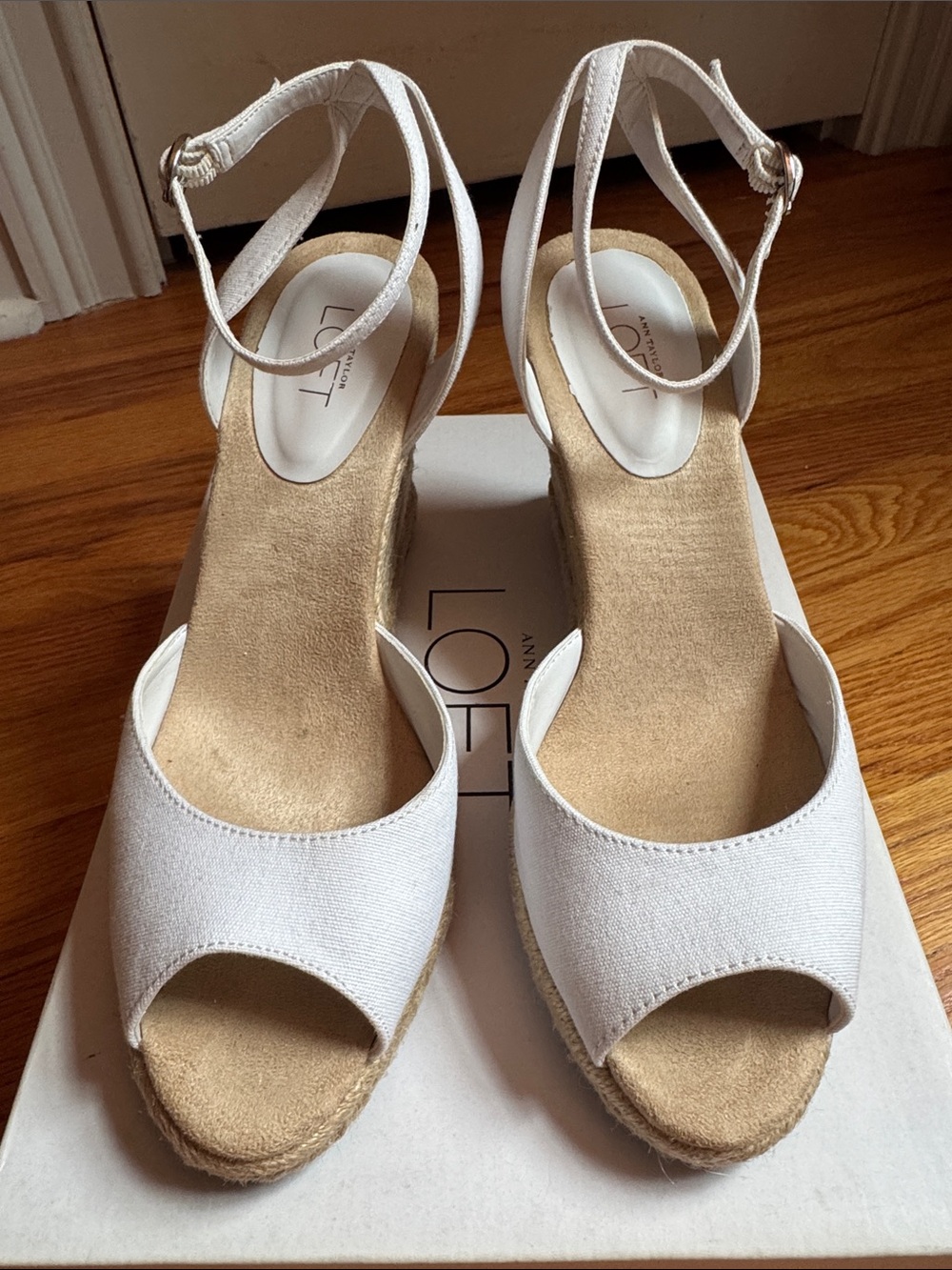 LOFT White Canvas Espadrille Wedge Sandals with Ankle Strap